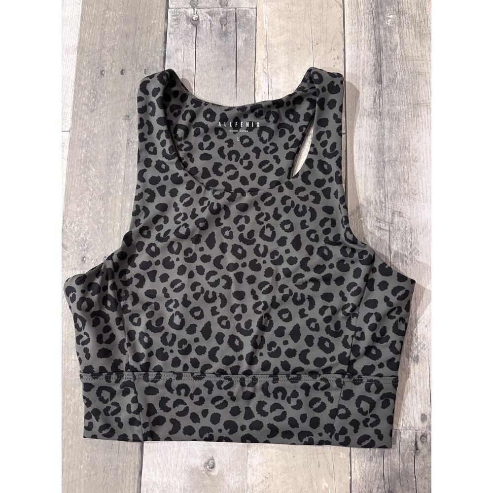 All Fenix LARGE Jagger sports bra featuring charcoal grey leopard print NO CUPS